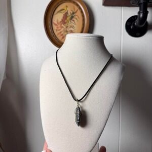 Hematite Wire Wrapped Stone Pendant Necklace Black Cord Boho Jewelry